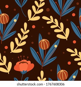 vector pattern with cute orange flowers on brown background.