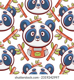 Vector pattern of cute panda and bamboo in cartoon style.