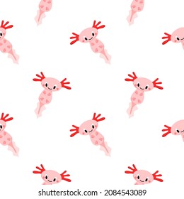 Vector pattern with cute pink axolotl, amphibian, marine animal, cartoon-style pattern on a white background. Children's pattern for fabrics, pajamas, dresses, posters.