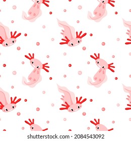 Vector pattern with cute pink axolotl and bubbles, amphibian, marine animal, cartoon-style pattern on a white background. Children's pattern for fabrics, pajamas, dresses, posters.