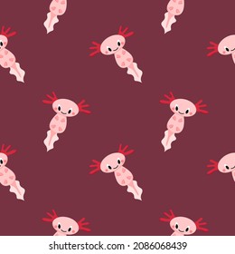 Patrón vectorial con axolotl rosa lindo, anfibio, animal marino, patrón de dibujos animados sobre un fondo rosa oscuro. Patrón infantil para tejidos, pijamas, vestidos, carteles.