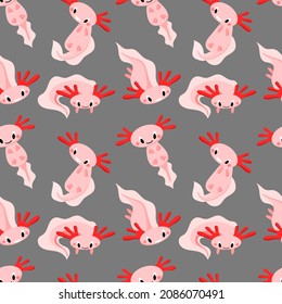 Vector pattern and cute pink axolotl  amphibian  marine animal  cartoon  style pattern gray background  Children's pattern for fabrics  pajamas  dresses  posters 