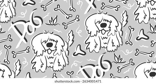 Vector pattern with cute poodle on pastel gray. Cute dog pattern. White dog seamless pattern for textile