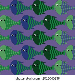 vector pattern with cute purple and green decorative fish. Funny multicolor background, sea texture