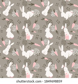 Vector pattern with cute rabbits and carrots. Cute illustration for the decor of children's books, postcards, textiles, fabrics, clothes, etc.