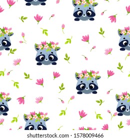 Vector pattern with cute raccoon and flowers. Vector seamless pattern. Perfect for fabric, wallpaper, textile, wrapping paper or nursery decor
