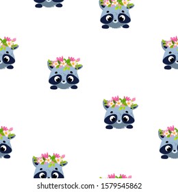 Vector pattern with cute raccoon and flowers. Vector seamless pattern. Perfect for fabric, wallpaper, textile, wrapping paper or nursery decor