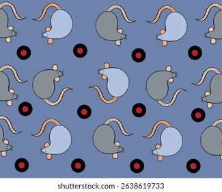 Vector pattern of cute rats on dark blue background. Cute cartoon illustrations of seamless rats in doodle style. Creative decorate design