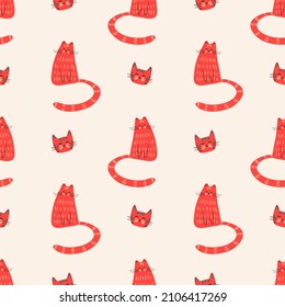 Vector pattern with cute red cats in Scandinavian style on a beige background. Children's illustration with cute pets, pattern for fabrics, clothes, packaging.