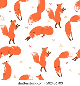 Vector pattern with cute red foxes sitting, sleeping and hunting. Seamless background for wrapping paper, web design and cards. White background.