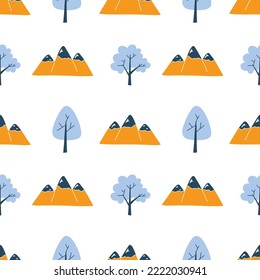 Vector pattern with cute Scandinavian colorful houses, mountains and trees in the style of doodle, hugge, cozy forest, nature. Pattern for fabrics, postcards, gift wrapping, pajamas.