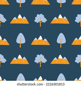 Vector pattern with cute Scandinavian colorful houses, mountains and trees in the style of doodle, hugge, cozy forest, nature. Pattern for fabrics, postcards, gift wrapping, pajamas.