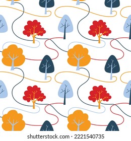 Vector pattern with cute Scandinavian multicolored trees in the style of doodle, hugge, cozy forest, nature. Pattern for fabrics, postcards, gift wrapping, pajamas.