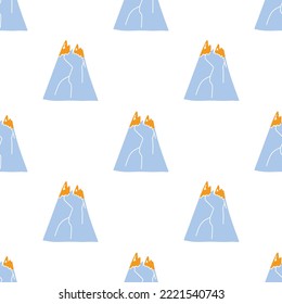 Vector pattern with cute Scandinavian multicolored mountains in the style of doodle, hugge, snowy mountains, nature. Pattern for fabrics, postcards, gift wrapping, pajamas.