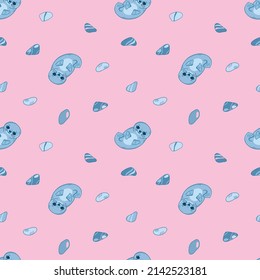 Vector pattern with cute sea seals, fur seals, funny sea animals in cartoon style. Children's illustration for postcards, posters, pajamas, fabrics, clothes, stickers.