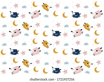 Vector  pattern with cute sheep moon clouds. Night nursery background. For children, clothes, fabrics, textiles, wrapping paper, wallpaper, scrapbooking, etc.