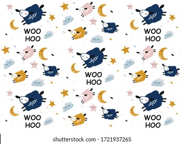 Vector  pattern with cute sheep moon clouds. Night nursery background. For children, clothes, fabrics, textiles, wrapping paper, wallpaper, scrapbooking, etc.