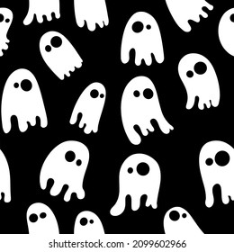 Vector pattern of cute simple ghosts with a dark background.
