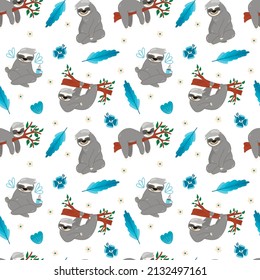 Vector pattern with cute sloths hanging on branches, leaves and flowers, pattern on a white background, children's pattern for fabrics, clothing, packaging, design.