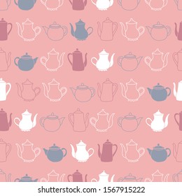 Vector pattern with cute small teapots on pink background.  One of "Garden Tea Party" collection patterns.