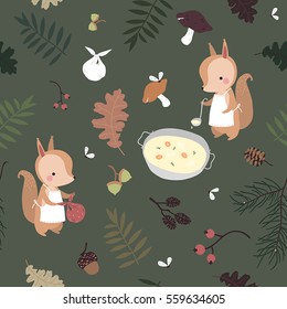 vector pattern with cute squirrels cooking vegetable soup