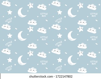 Vector  pattern with cute star, moon, clouds. Night nursery background.  