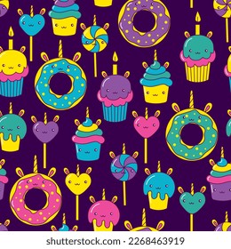 Vector pattern with cute sweets. Pattern with sweets, cupcakes and cakes. Kawaii sweets for fabric, packaging, baby clothes.