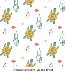 vector pattern with cute turtle in the sea underwater