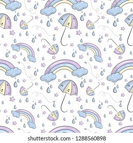 Vector pattern with cute umbrella, clouds,rainbow and stars. Magic background.