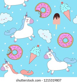 Vector pattern with cute unicorns, clouds, donuts and ice cream. Magic background with little unicorns.Cute hand drawn unicorn vector pattern. vector illustration.