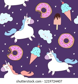 Vector pattern with cute unicorns, clouds, donuts and ice cream. Magic background with little unicorns.Cute hand drawn unicorn vector pattern. vector illustration.