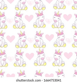Vector pattern with cute unicorns, clouds and stars. Magic background with little unicorns.