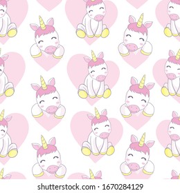 Vector pattern with cute unicorns, clouds and stars. Magic background with little unicorns.