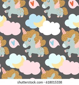 Vector pattern with cute unicorns, clouds and moon. Magic background with little unicorns on gray background.