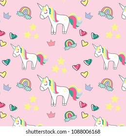 Vector pattern with cute unicorns, clouds,rainbow and stars. Magic background with little unicorns.