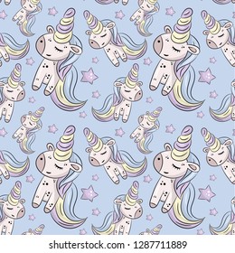 Vector pattern with cute unicorns, clouds,rainbow and stars. Magic background with little unicorns