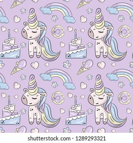 Vector pattern with cute unicorns, clouds,rainbow and stars. Magic background with little unicorns