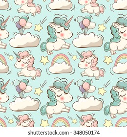 Vector pattern with cute unicorns, clouds,rainbow and stars. Magic background with little unicorns.