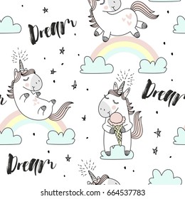 Vector pattern with cute unicorns, clouds,rainbow and stars. Magic background with little unicorns.