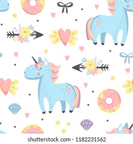 Vector pattern with cute unicorns, donuts and flowers. Magic kids background. Perfect for wrapping presents, scrapbook pages, cards or party decorations.