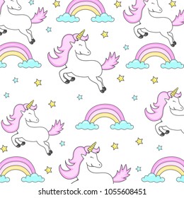 Vector pattern with cute unicorns. greeting card, Vector pattern with cute cartoon unicorns. Wrapping paper or fabric.