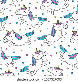 Vector pattern with cute unicorns. greeting card, Vector seamless pattern with cute cartoon unicorns. Wrapping paper or fabric.