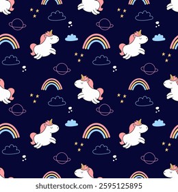 Vector pattern with cute unicorns. greeting card, Vector seamless pattern with cute cartoon unicorns. Wrapping paper or fabric.