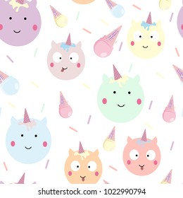 Vector pattern with cute unicorns and ice creams. Magic background.