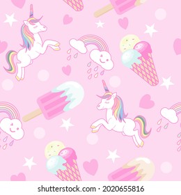 Vector pattern with cute unicorns, ice cream, polka dot,heart,rainbow, cloud and stars on pink background