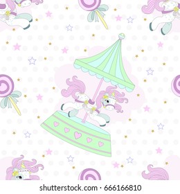 Vector pattern with cute unicorns. Magical background with little unicorns.