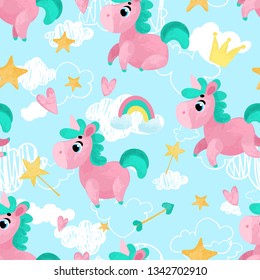 Vector pattern with cute unicorns. Perfect for fabric, wallpaper, wrapping paper or nursery decor.