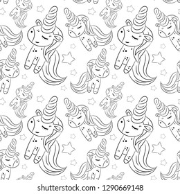 Vector pattern with cute unicorns and stars. Magic background with little unicorns
