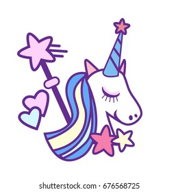 Vector pattern with cute unicorns, stars. It can be used for sticker, badge, card, patch, phone case.
