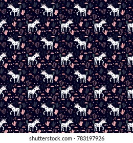Vector pattern with cute unicorns, stars, cacti and clouds. Magic background with little unicorns and cacti.